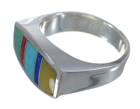 Southwestern Multicolor Inlay Genuine Sterling Silver Ring Size 8 QX75930
